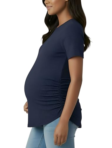 Motherhood Maternity Women's Short Sleeve Crew Neck Side Ruching Pregnancy Tee Shirt - color: Peacoat, size: Medium