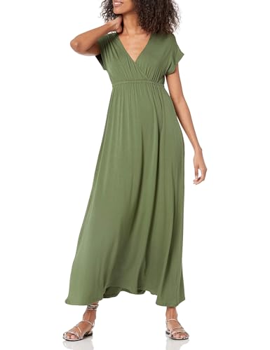 Amazon Essentials Women's V Neck Short Sleeve Empire Waist Maxi Dress (Available in Plus Size) - color: Light Olive, size: Small