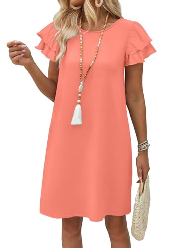 OFEEFAN Womens Summer Dresses 2026 Ruffle Sleeve Round Neck Loose Swing Sundresses with Pockets Plain/Print - color: Plain Pink, size: X-Large