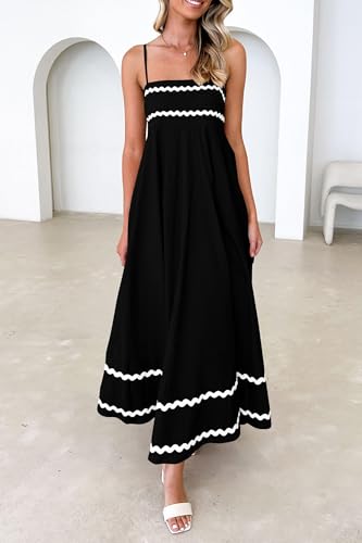 PRETTYGARDEN Women's Summer Spaghetti Strap Boho Maxi Dress - color: Black, size: Medium