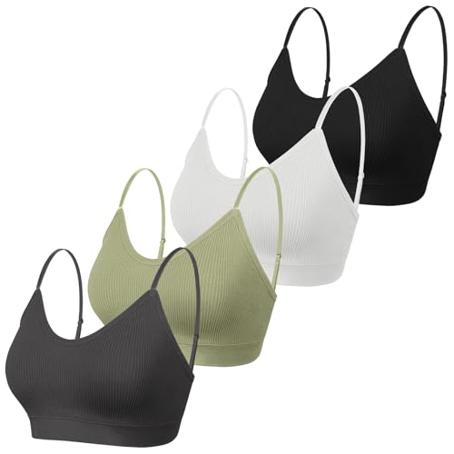 KCDDUMK 4 Pack Cami Bralettes for Women, Spaghetti Strap Sleep Bras - color: Black, White, Olive, Dark-grey, size: Small