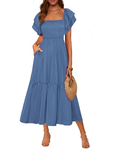 MASCOMODA Womens Summer Casual Smocked Flowy Midi Dress - color: Blue, size: Medium
