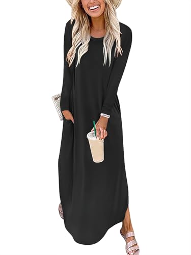 ANRABESS Women's Long Sleeve Fall Maxi T-Shirt Dress with Pockets - color: Black, size: Medium