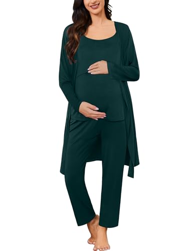 SWOMOG Maternity Nursing Robe Set 3 PCS Postpartum Pajamas Breastfeeding Pregnancy Robe & Camisole & Pants - color: Emerald Green, size: Large