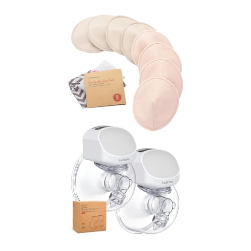 KeaBabies Reusable Nursing Pads and Breast Pump Hands Free - 8 Washable Breastfeeding Padding + Wash Bag, Nipple Cover - Wireless Breast Pump Wearable, Double Portable Pumping Device