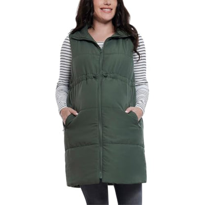 Motherhood Maternity Women's Sleeveless Long Pregnancy Puffer Vest with Pockets - color: Olive, size: Small