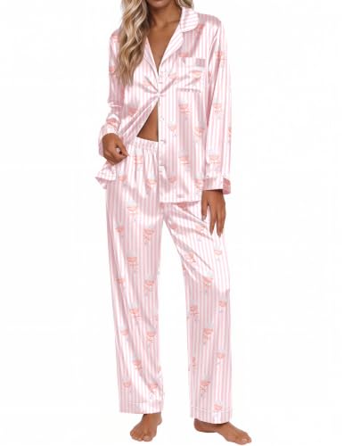 Ekouaer Silk Satin Pajamas for Womens Button Up Long Sleeve Pjs Lounge Set - color: Pink Wine Glass, size: Medium