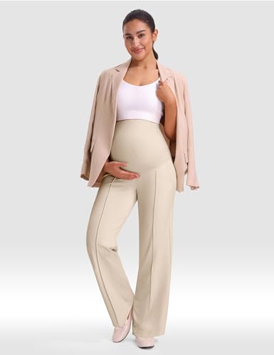 Mama Land Maternity Work Dress Pants, Stretchy Wide Leg with Pockets - color: Light Khaki, size: Large