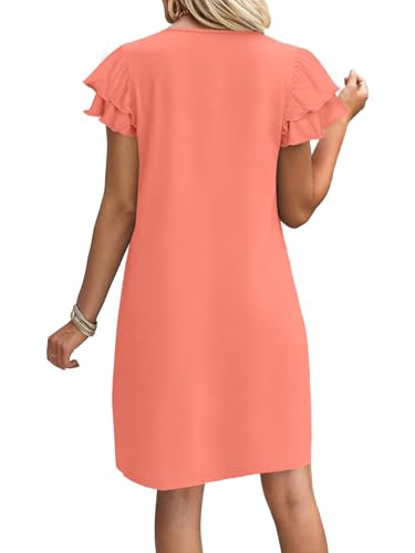 OFEEFAN Womens Summer Dresses 2026 Ruffle Sleeve Round Neck Loose Swing Sundresses with Pockets Plain/Print - color: Plain Pink, size: X-Large
