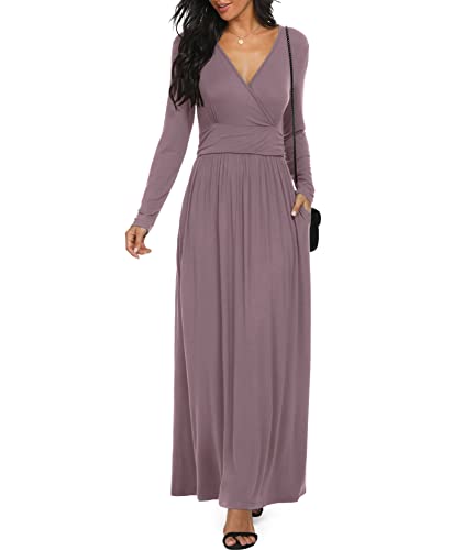 LILBETTER Women Long Sleeve Deep V Neck Loose Plain Long Maxi Casual Dress - color: Mauve, size: Large