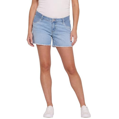 Motherhood Maternity Women's Under the Belly Cutoff Denim Pregnancy Shorts with Side Elastic Panel Insets - color: Light Wash, size: Large
