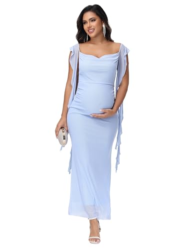 Women's Maternity Draped Neck Ruffle Bodycon Baby Shower Dress - color: Blue, size: Medium