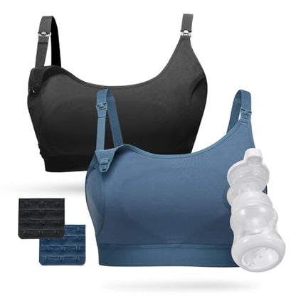 Momcozy Pumping Bra Hands Free, Cotton Pumping & Nursing Bra in One - color: Black,blue-2pk, size: Small