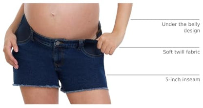 Motherhood Maternity Women's Under the Belly Cutoff Denim Pregnancy Shorts with Side Elastic Panel Insets - color: Dark Wash, size: Medium