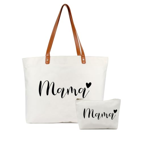 Lamyba New Mom Gifts, Mama Bag Tote with Makeup Bag, Cool Gifts for Mom to be/Expecting Mom - style: Mama-white