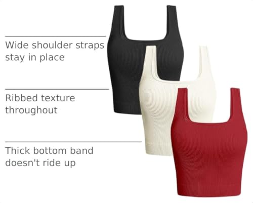 OLCHEE Womens 3 Pack Crop Tank Tops Sleeveless Square Neck Workout Top - color: Black + Beige + Red, size: Medium