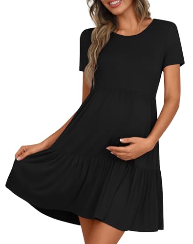 Women's Maternity Dress Summer Short Sleeve Pregnancy Dresses - color: Black, size: Medium