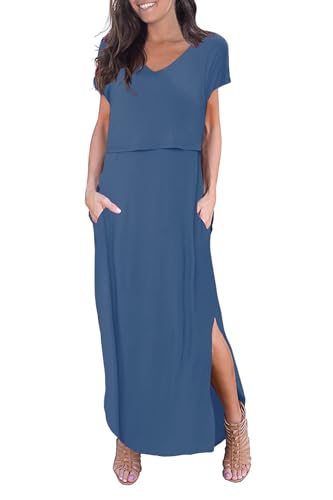 Smallshow Women's Maternity Nursing Dresses Split Long Dress for Breastfeeding - color: Dusty Blue, size: X-Large