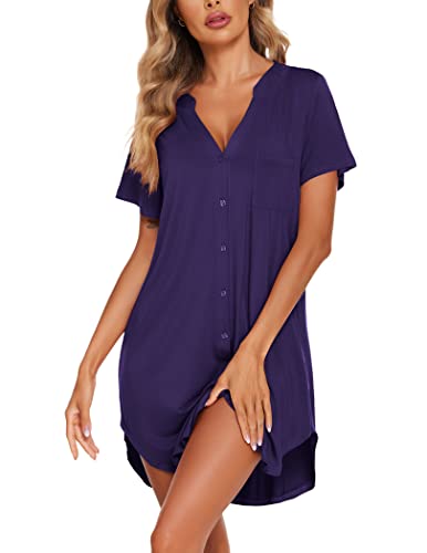 Ekouaer Nightgowns for Women Button Down Sleepshirts V Neck Sleep Dress - color: Blue Purple, size: Medium
