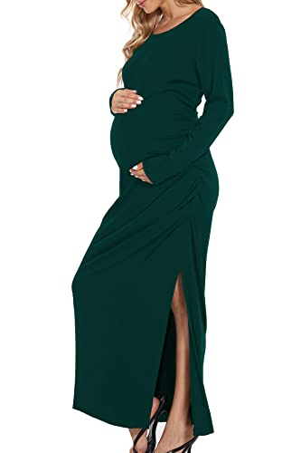 Smallshow Women's Ruched Long Sleeve Split Maternity Dress - color: Deep Green, size: XX-Large