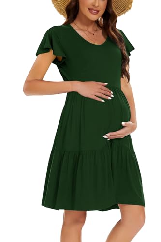 CzzzyL Women's Maternity Nursing Dress Ruffle Cap Sleeve Breastfeeding with Pockets - color: Deep Green, size: Medium