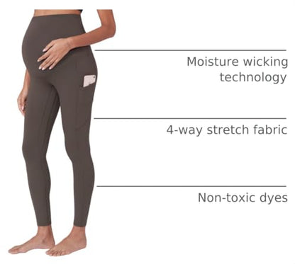 POSHDIVAH Maternity Workout Leggings Pregnancy Yoga Pants Pockets - color: Brown, size: Small