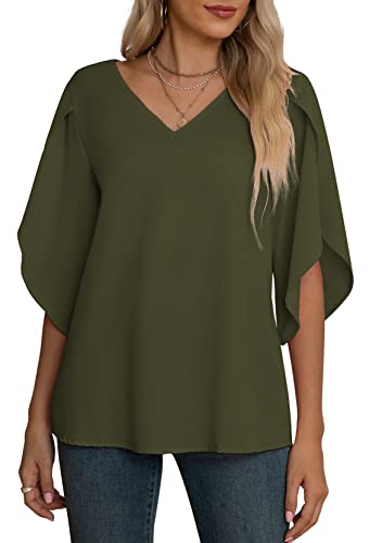 Jouica Women's 3/4 Ruffled Sleeve Blouses Summer Chiffon Casual Loose Tops - color: 01amy Green, size: Medium