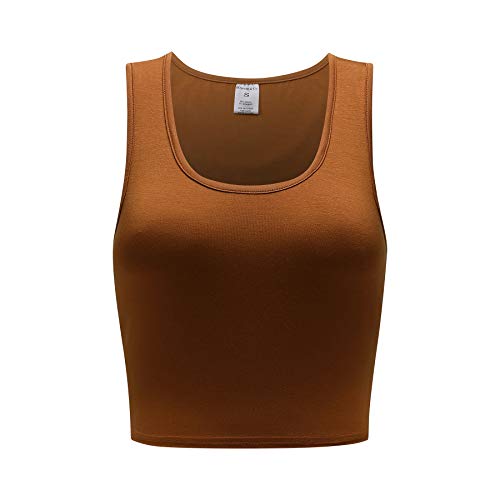 OThread & Co. Women's Basic Crop Tops Stretchy Casual Scoop Neck Sleeveless Crop Tank Top - color: Camel, size: Large