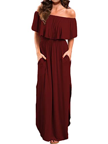 VERABENDI Women's Off Shoulder Summer Casual Long Ruffle Beach Maxi Dress with Pockets - color: Burgundy, size: Medium