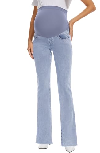 GLAMIX Women's Stretch Maternity Bootcut Jeans with Pockets Over The Belly Bell Bottoms Flare Denim Pants Pregnancy Clothes - color: Light Blue (Frayed Hem), size: X-Large