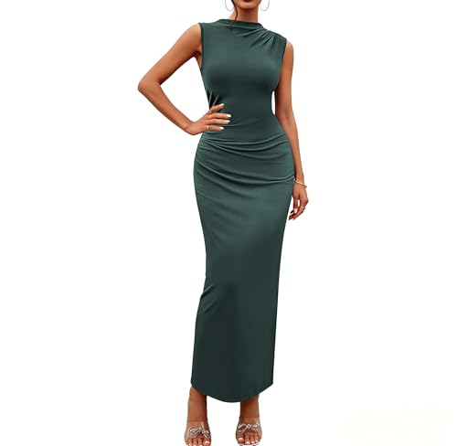 Bluetime Women's Ruched Bodycon Maxi Dresses Sleeveless Slim Fit Summer Dress Elegant Cocktail Slit Wedding Guest Dress - color: Army Green, size: Small
