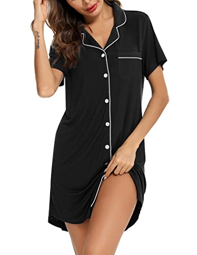 Pjmlifecoco Women's Button Down Nightgown Short Sleeve Sleep Shirt - color: Black, size: X-Large
