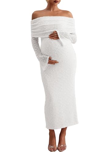 BLENCOT Womens Off Shoulder Flare Sleeve Split Bodycon Maternity Dress - color: White, size: Large