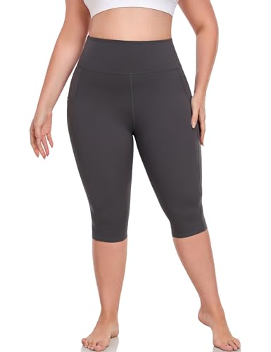 16" Womens Plus Size Capri Yoga Pants with Pockets 16" Knee Length - color: Grey, size: Large Plus