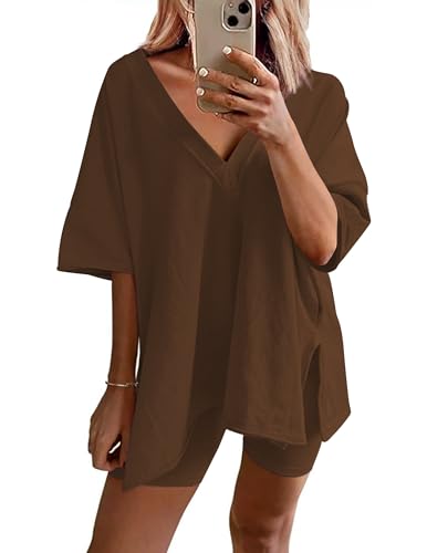 Ekouaer Womens 2 Piece Lounge Set Oversized V Neck Top Biker Short Pajamas - color: Brown, size: X-Large