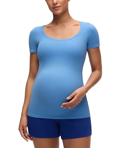 CRZ YOGA Maternity U Neck T-Shirt - color: Party Blue, size: Medium