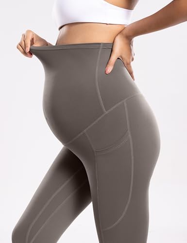 POSHDIVAH Maternity Workout Leggings with Pockets Ultra Soft Yoga Pants - color: Coffee, size: Medium