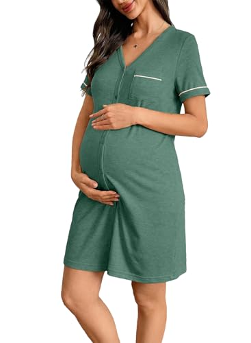 BLENCOT Women’s Labor and Delivery Night Gown for Maternity Short Sleeve V Neck Open Front Shirt Dress with Buttons - color: Green, size: X-Large
