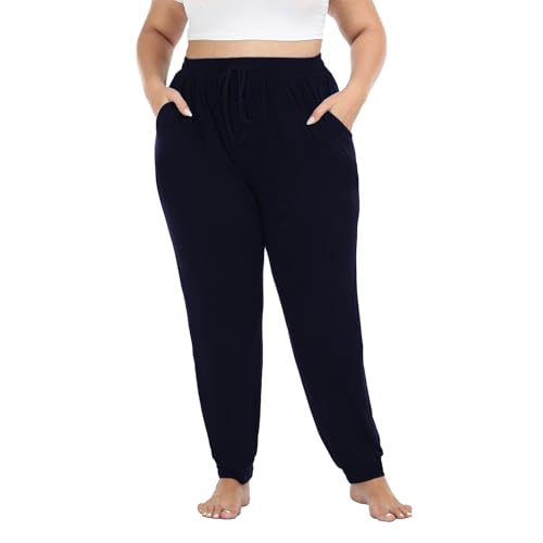Women's Plus Size Joggers Cotton Sweatpants Casual Lounge Yoga Pants Drawstring with Pockets - color: Navy, size: 1X