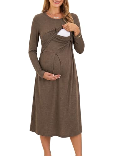 BLENCOT Maternity Nursing Midi Dress Twist Knot Pull Up Feed Postpartum - color: Brown, size: Medium