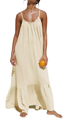 R.Vivimos Women's Summer Cotton Backless Casual Maxi Dress - color: Beige, size: Medium