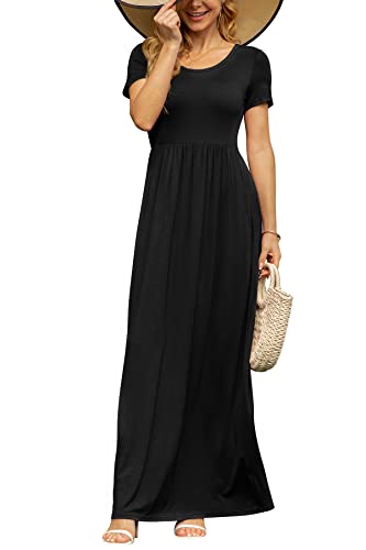 DB MOON Women's Summer Maxi Dress Casual Short Sleeve Empire Waist Pockets - color: Black, size: Medium