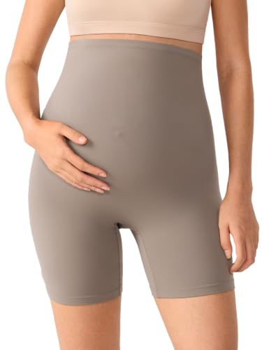MOMANDA Seamless Maternity Biker Shorts 6" - color: Khaki Taupe, size: Small
