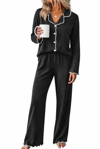 WIHOLL Women's Pajamas Sets Cute Ruffle Long Sleeve Button Up 2 Piece Pjs - color: Black, size: Small