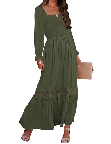 ZESICA Women's 2026 Boho Long Sleeve Fall Maxi Dress - color: Army Green, size: Large