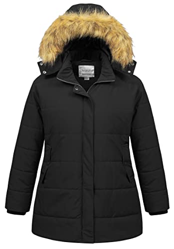 Chrisuno Women's Plus Size Winter Coat Waterproof Long Puffer Jacket Warm Thicken Parka with Removable Fur Hood - color: Black, size: 1X