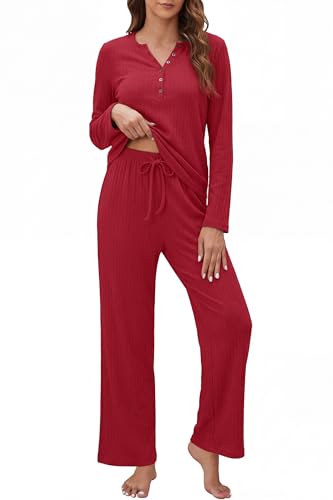 OUGES Women's Maternity Nursing Pajamas Sets Pregnancy Delivery Lounge Pjs - color: Red, size: Large