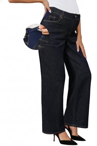 OUGES Women’s Maternity Jeans Adjustable Waistband Wide Leg Work Pants - color: Dark Blue, size: Large