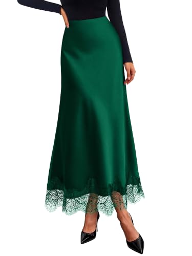 BTFBM Lace Trim Satin Skirts for Women Elegant - color: Dark Green, size: Large