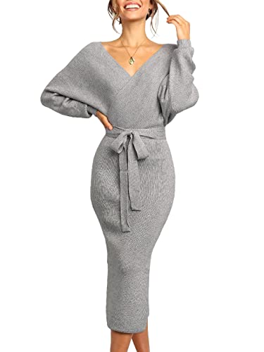 Womens Maxi Sweater Dress Long Sleeve Batwing Wrap V Neck Fall Dresses - color: 1-grey, size: Large